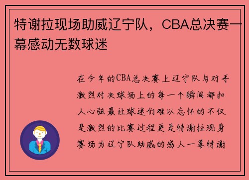特谢拉现场助威辽宁队，CBA总决赛一幕感动无数球迷